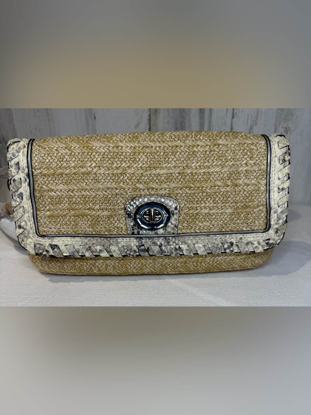 Coach Hampton Straw Woven Clutch Bag with Python Leather Trim & Turn-Lock